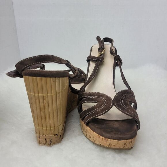 Prada Brown Suede Platform Slingback Cork Wedge Bamboo Sandals Shoes Size 7.5 - Picture 7 of 8